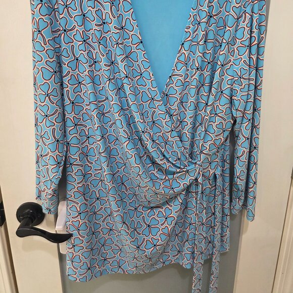 Anne Klein Blue Red White Wrap Blouse | Women’s Long Sleeve Printed Top - Picture 10 of 12